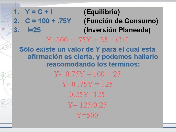 1. Y = C + I 2. C = 100 +. 75 Y 3.