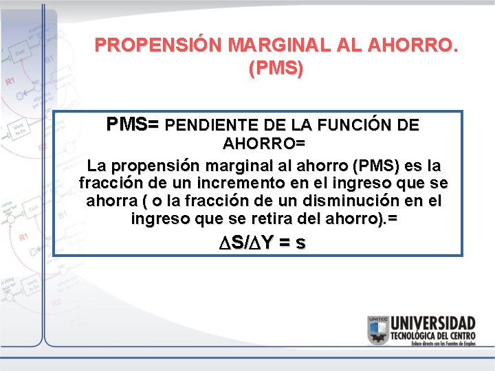 PROPENSIÓN MARGINAL AL AHORRO. (PMS) PMS= PENDIENTE DE LA FUNCIÓN DE AHORRO= La propensión