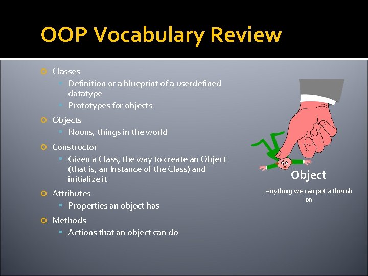 OOP Vocabulary Review Classes Definition or a blueprint of a userdefined datatype Prototypes for