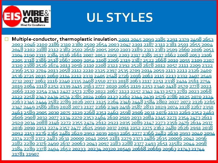 UL STYLES � Multiple-conductor, thermoplastic insulation. 2001 2045 2099 2185 2291 2379 2498 2653