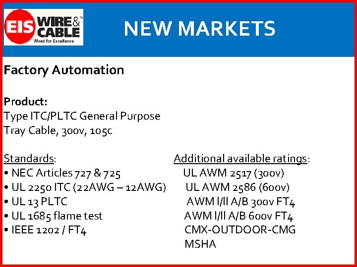 NEW MARKETS Factory Automation Product: Type ITC/PLTC General Purpose Tray Cable, 300 v, 105