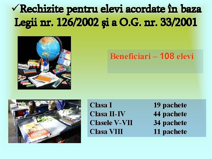 üRechizite pentru elevi acordate în baza Legii nr. 126/2002 şi a O. G. nr.