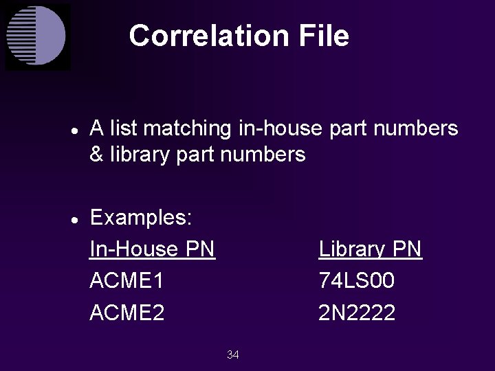 Correlation File · A list matching in-house part numbers & library part numbers ·