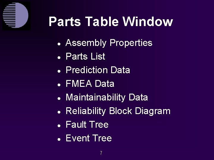 Parts Table Window · · · · Assembly Properties Parts List Prediction Data FMEA