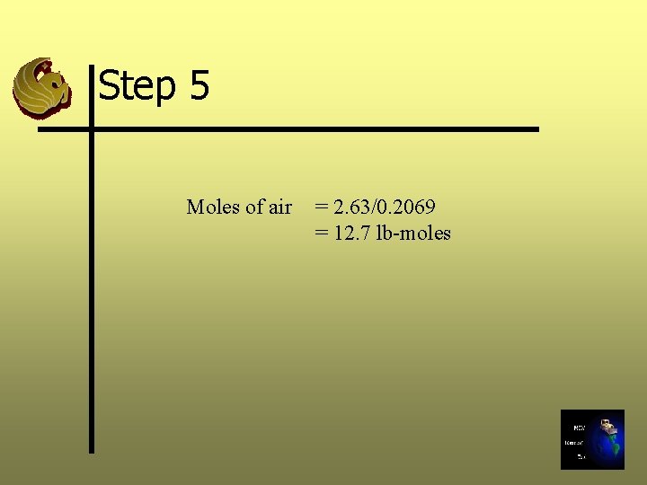 Step 5 Moles of air = 2. 63/0. 2069 = 12. 7 lb-moles 