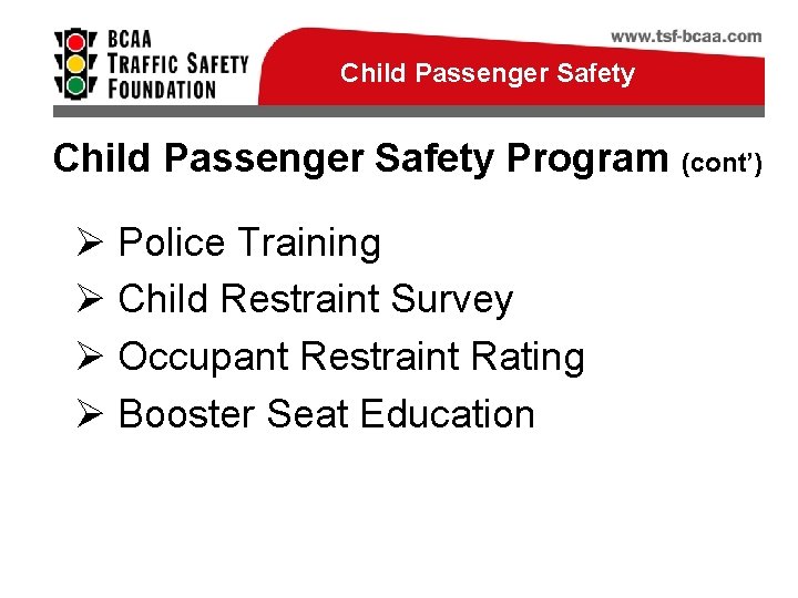 Child Passenger Safety Program (cont’) Ø Police Training Ø Child Restraint Survey Ø Occupant