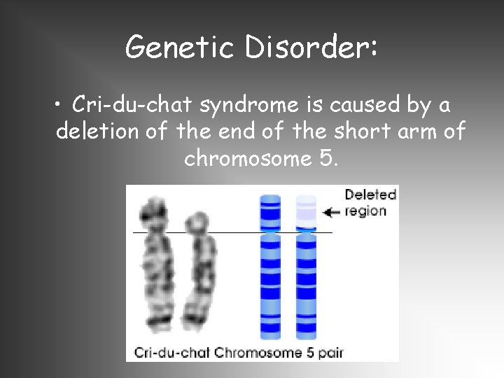Genetic Disorder: • Cri-du-chat syndrome is caused by a deletion of the end of