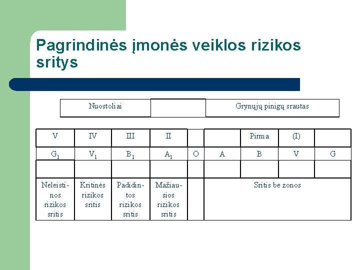 Pagrindinės įmonės veiklos rizikos sritys Nuostoliai Grynųjų pinigų srautas V IV III II G