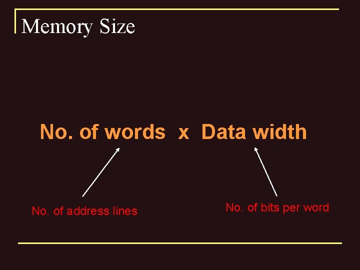 Memory Size No. of words x Data width No. of address lines No. of