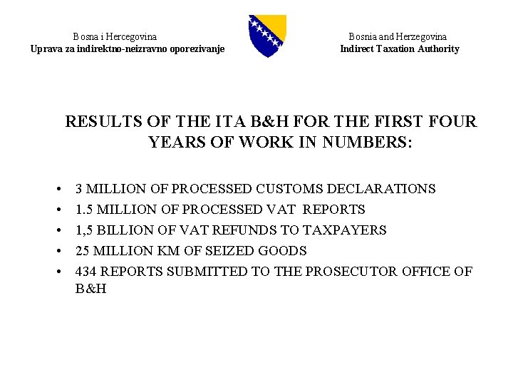 Bosna i Hercegovina Uprava za indirektno-neizravno oporezivanje Bosnia and Herzegovina Indirect Taxation Authority RESULTS