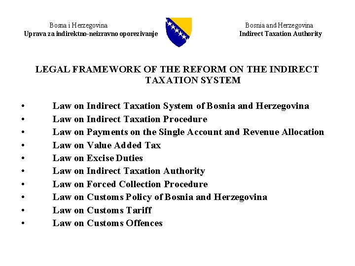  Bosna i Herzegovina Bosnia and Herzegovina Uprava za indirektno-neizravno oporezivanje Indirect Taxation Authority