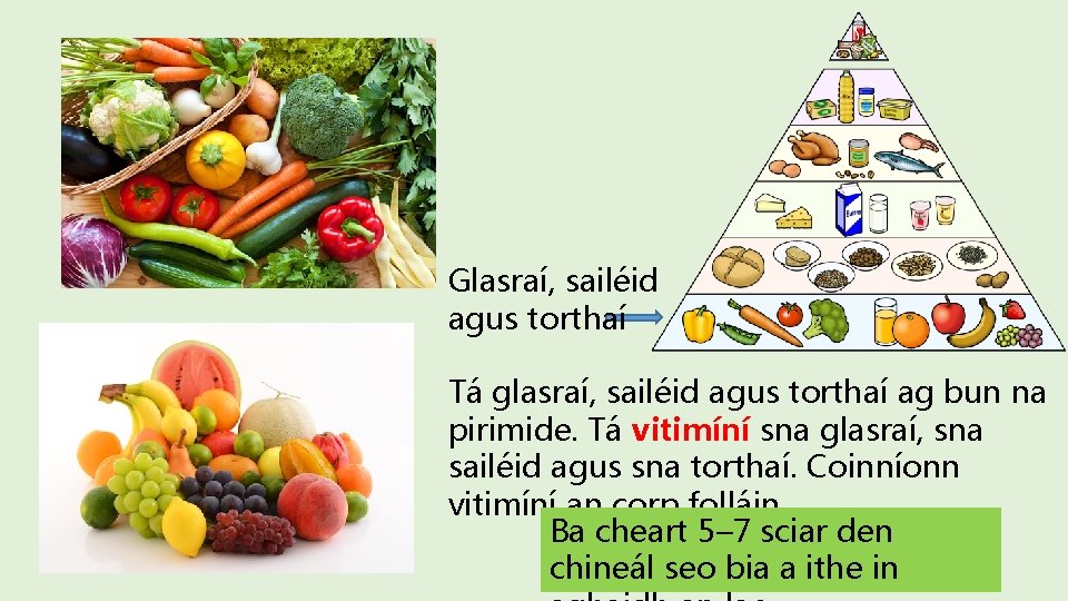Glasraí, sailéid agus torthaí Tá glasraí, sailéid agus torthaí ag bun na pirimide. Tá