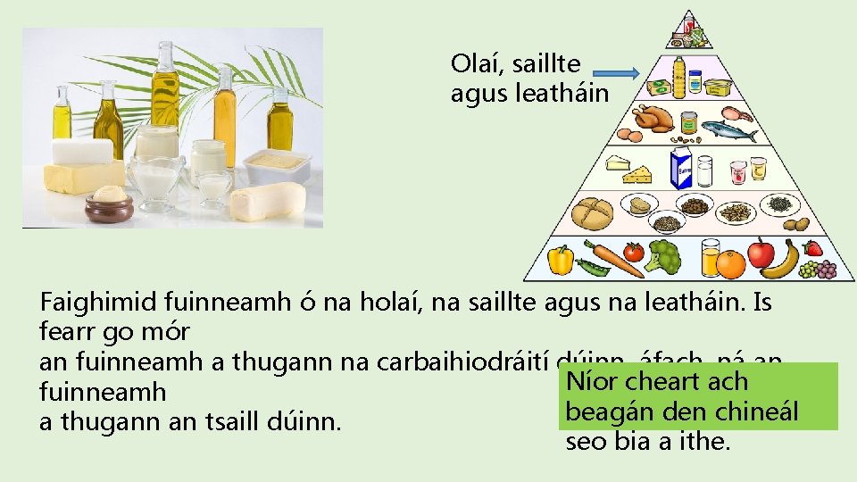 Olaí, saillte agus leatháin Faighimid fuinneamh ó na holaí, na saillte agus na leatháin.