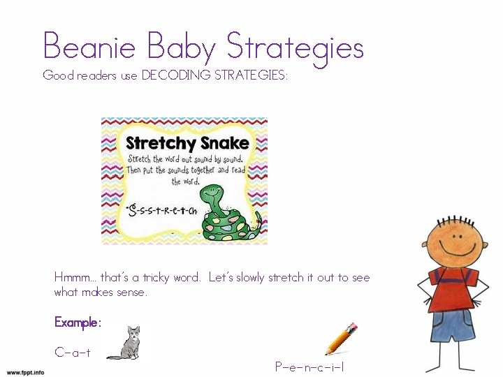 Beanie Baby Strategies Good readers use DECODING STRATEGIES: Hmmm… that’s a tricky word. Let’s