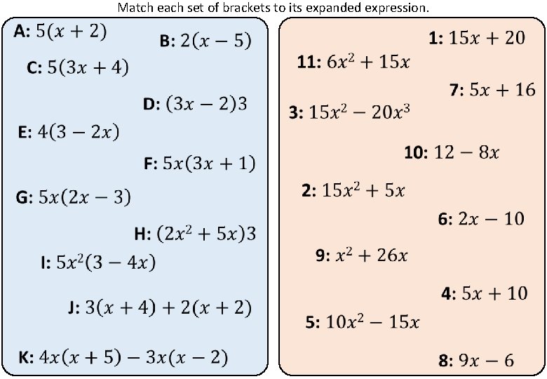 Match each set of brackets to its expanded expression. 