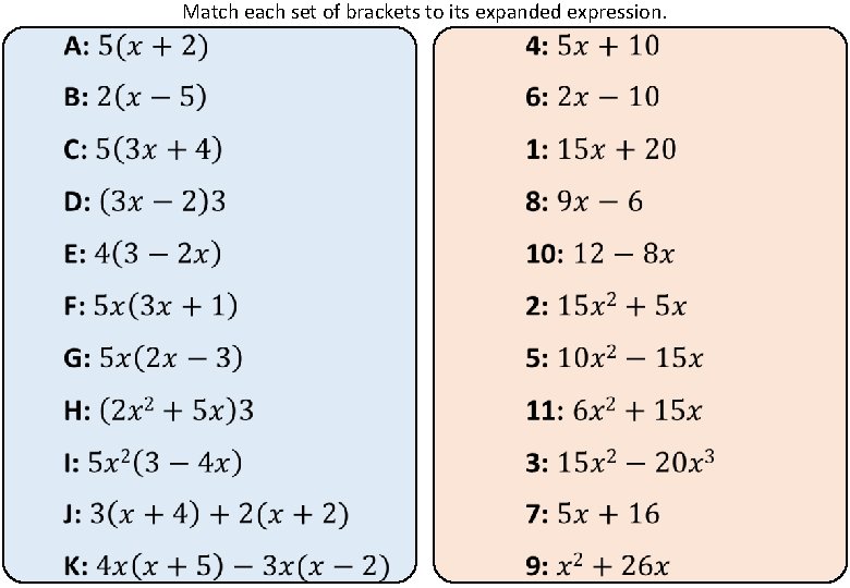 Match each set of brackets to its expanded expression. 