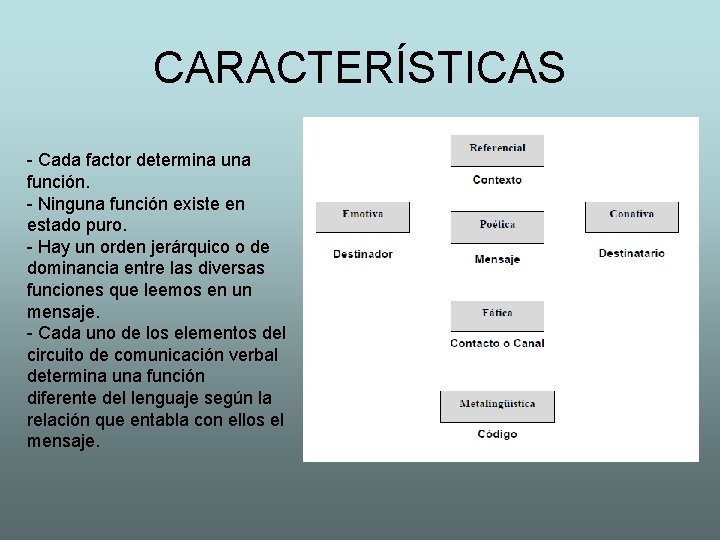 CARACTERÍSTICAS - Cada factor determina una función. - Ninguna función existe en estado puro.