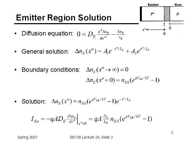 Emitter Region Solution • Diffusion equation: • General solution: • Boundary conditions: • Solution: