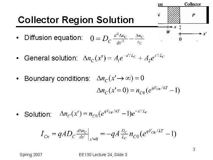 Collector Region Solution • Diffusion equation: • General solution: • Boundary conditions: • Solution: