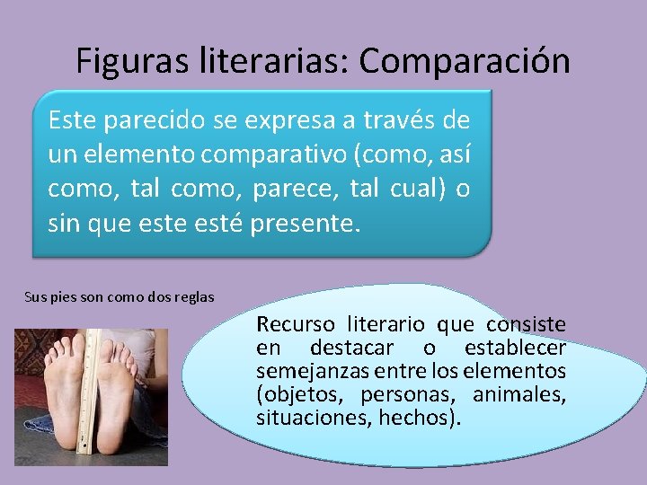 Figuras literarias: Comparación Este parecido se expresa a través de un elemento comparativo (como,