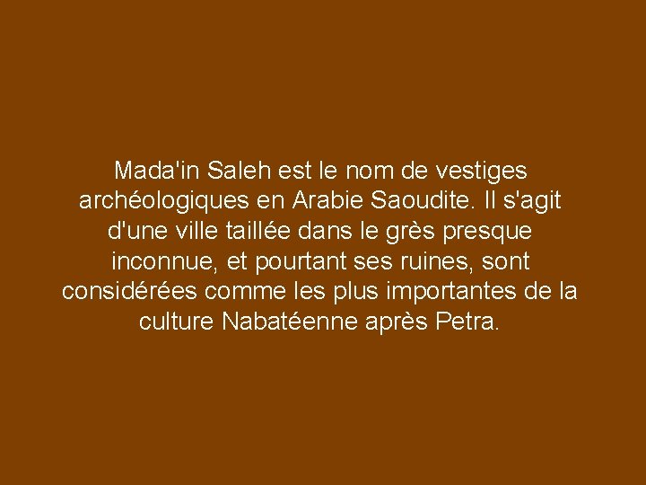 Mada'in Saleh est le nom de vestiges archéologiques en Arabie Saoudite. Il s'agit d'une