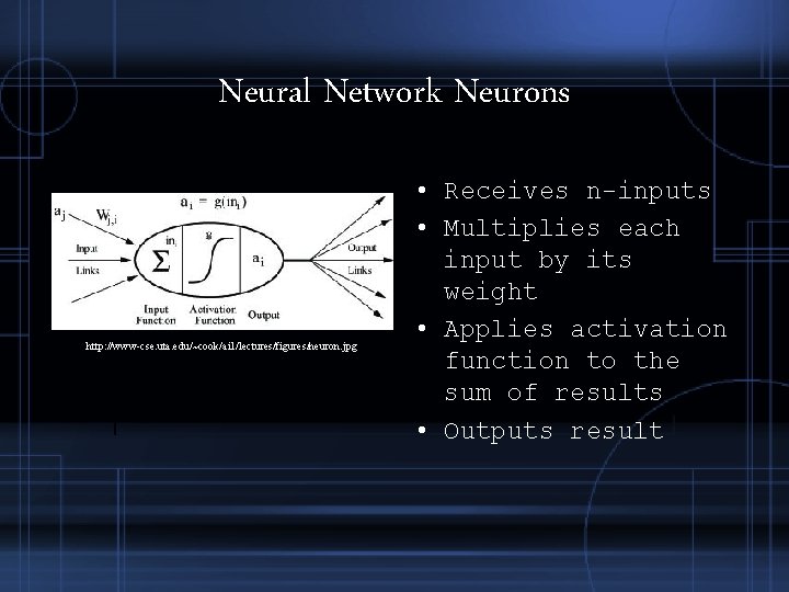 Neural Network Neurons http: //www-cse. uta. edu/~cook/ai 1/lectures/figures/neuron. jpg • Receives n-inputs • Multiplies Neural Network Neurons http: //www-cse. uta. edu/~cook/ai 1/lectures/figures/neuron. jpg • Receives n-inputs • Multiplies