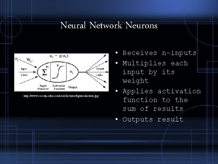 Neural Network Neurons http: //www-cse. uta. edu/~cook/ai 1/lectures/figures/neuron. jpg • Receives n-inputs • Multiplies