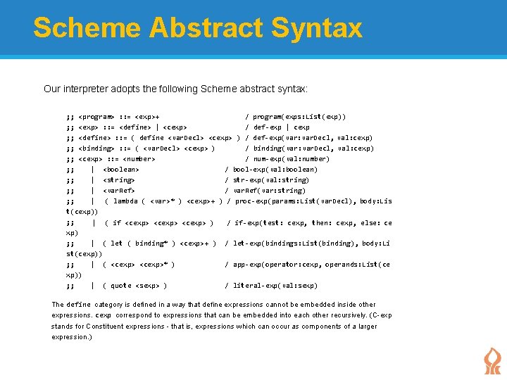 Scheme Abstract Syntax Our interpreter adopts the following Scheme abstract syntax: ; ; <program> Scheme Abstract Syntax Our interpreter adopts the following Scheme abstract syntax: ; ; <program>
