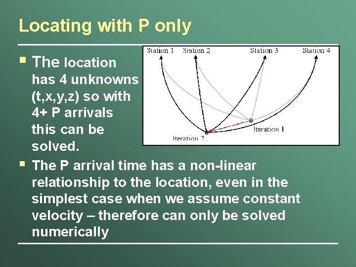 Locating with P only § The location § has 4 unknowns (t, x, y,