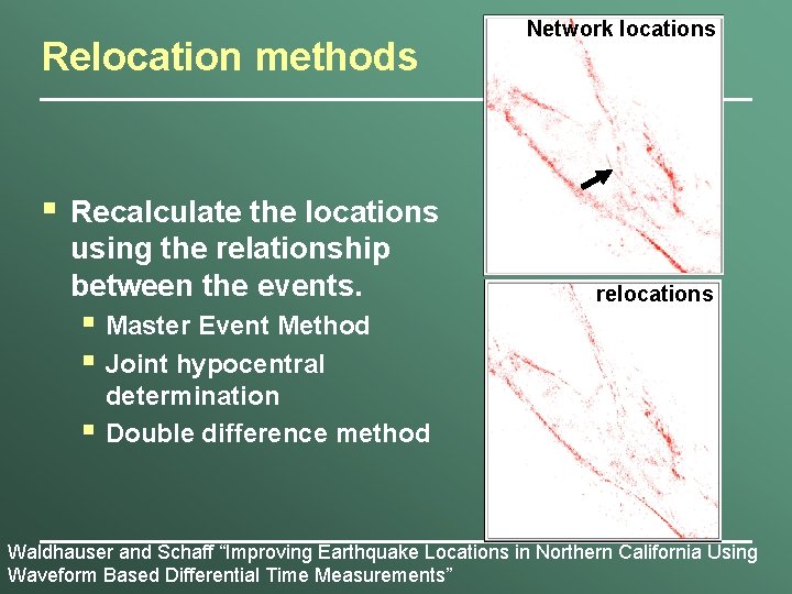 Relocation methods § Recalculate the locations using the relationship between the events. § Master