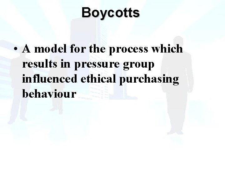 Boycotts • A model for the process which results in pressure group influenced ethical