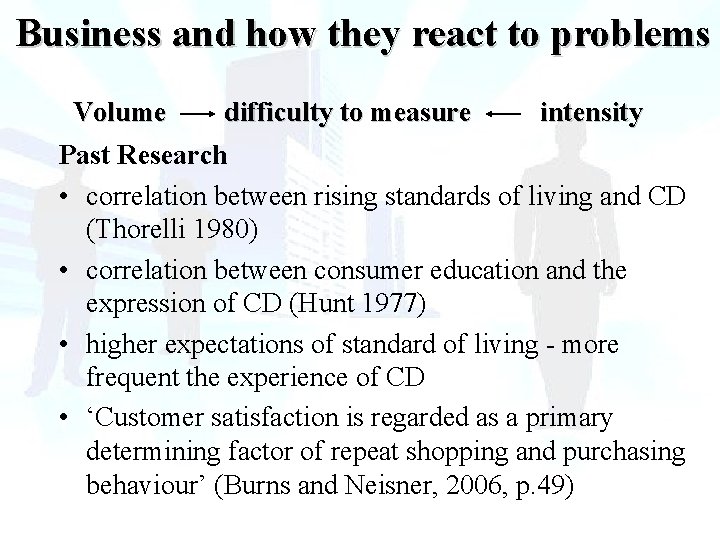 Business and how they react to problems Volume difficulty to measure intensity Past Research Business and how they react to problems Volume difficulty to measure intensity Past Research