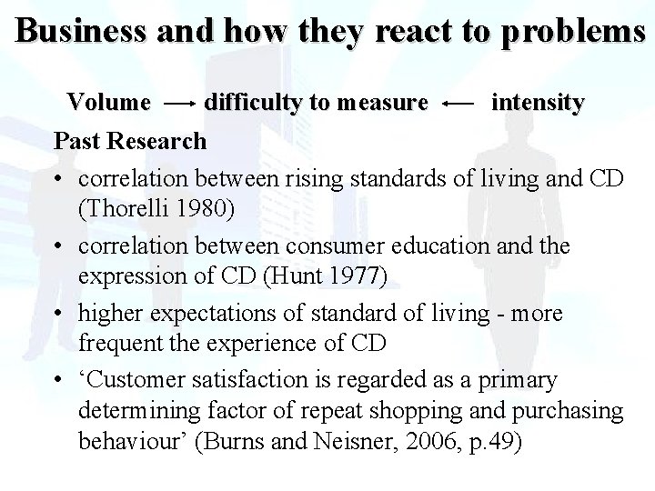 Business and how they react to problems Volume difficulty to measure intensity Past Research