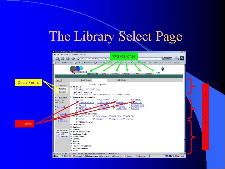 The Library Select Page Workbenches Query Forms Libraries L i b r a r