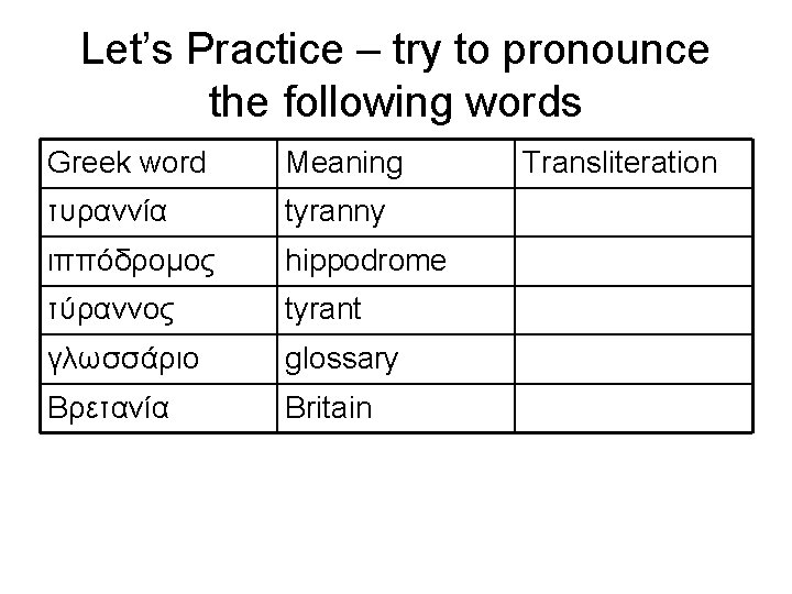 Let’s Practice – try to pronounce the following words Greek word Meaning τυραννία tyranny