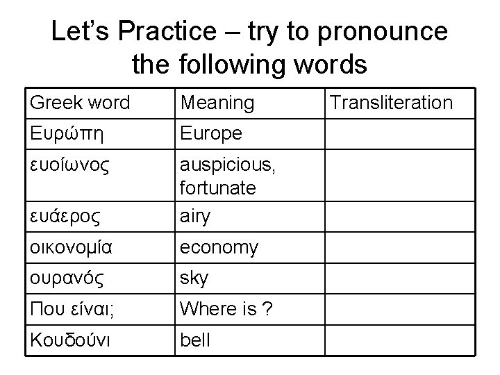 Let’s Practice – try to pronounce the following words Greek word Meaning Ευρώπη Europe