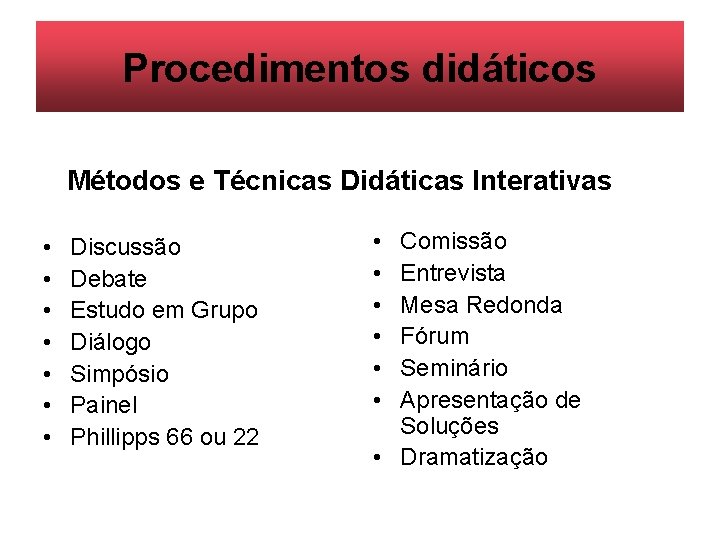 Procedimentos didáticos Métodos e Técnicas Didáticas Interativas • • Discussão Debate Estudo em Grupo