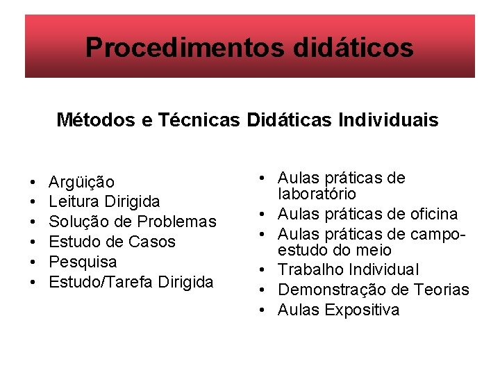 Procedimentos didáticos Métodos e Técnicas Didáticas Individuais • • • Argüição Leitura Dirigida Solução Procedimentos didáticos Métodos e Técnicas Didáticas Individuais • • • Argüição Leitura Dirigida Solução