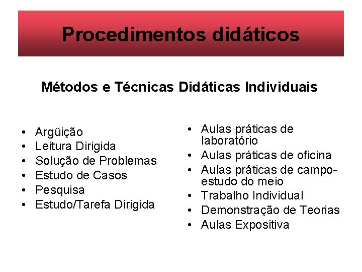 Procedimentos didáticos Métodos e Técnicas Didáticas Individuais • • • Argüição Leitura Dirigida Solução