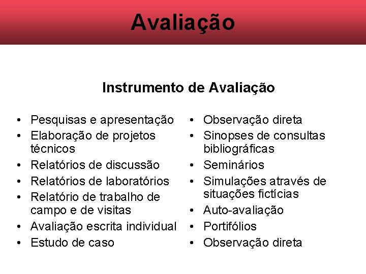 Avaliação Instrumento de Avaliação • Pesquisas e apresentação • Elaboração de projetos técnicos • Avaliação Instrumento de Avaliação • Pesquisas e apresentação • Elaboração de projetos técnicos •