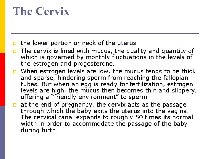 The Cervix p p the lower portion or neck of the uterus. The cervix