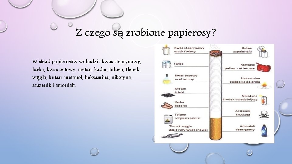 Z czego są zrobione papierosy? W skład papierosów wchodzi : kwas stearynowy, farba, kwas
