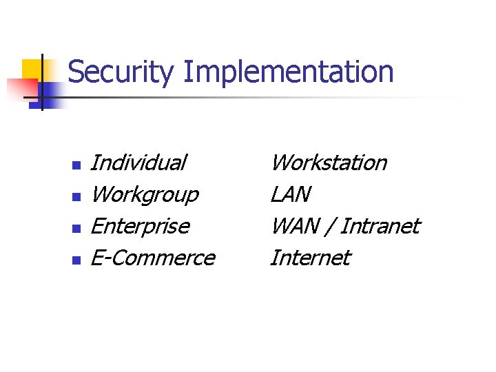 Security Implementation n n Individual Workgroup Enterprise E-Commerce Workstation LAN WAN / Intranet Internet