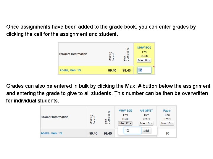 Once assignments have been added to the grade book, you can enter grades by