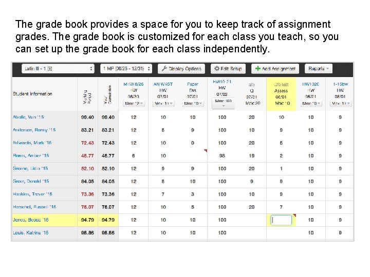 The grade book provides a space for you to keep track of assignment grades.