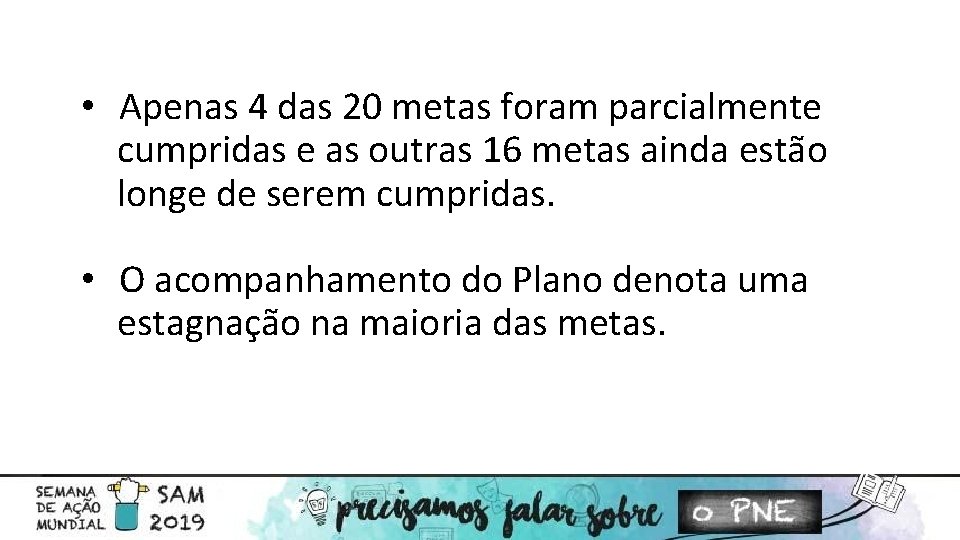  • Apenas 4 das 20 metas foram parcialmente cumpridas e as outras 16