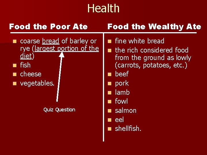 Health Food the Poor Ate coarse bread of barley or rye (largest portion of