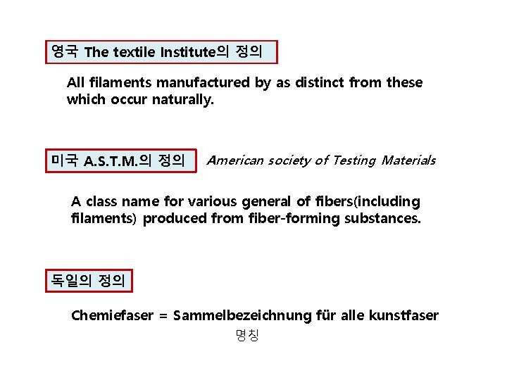 영국 The textile Institute의 정의 All filaments manufactured by as distinct from these which