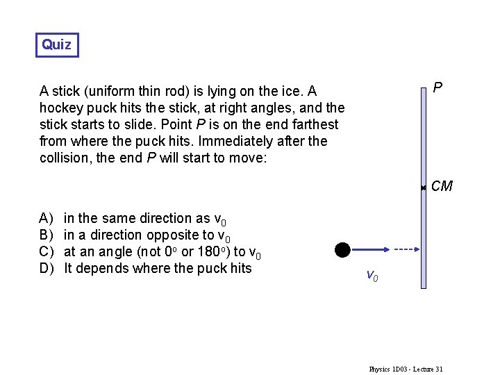 Quiz P A stick (uniform thin rod) is lying on the ice. A hockey