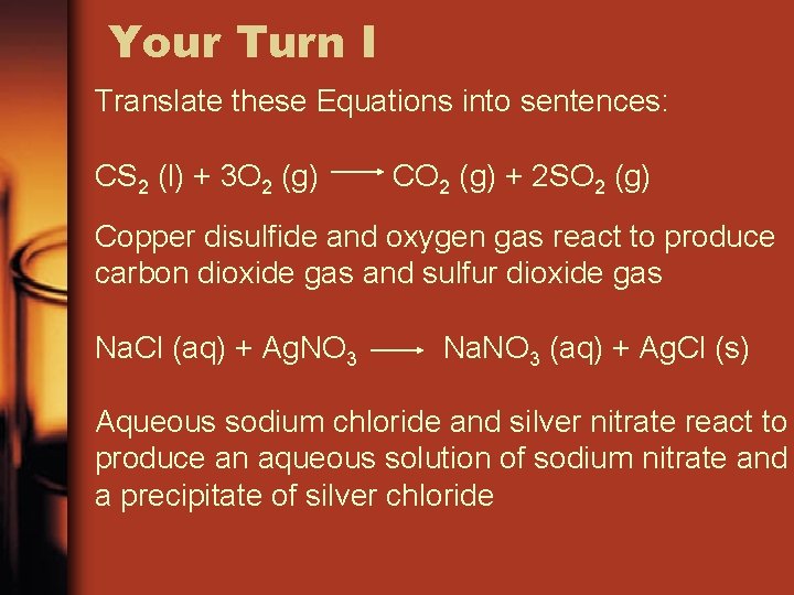 Your Turn I Translate these Equations into sentences: CS 2 (l) + 3 O